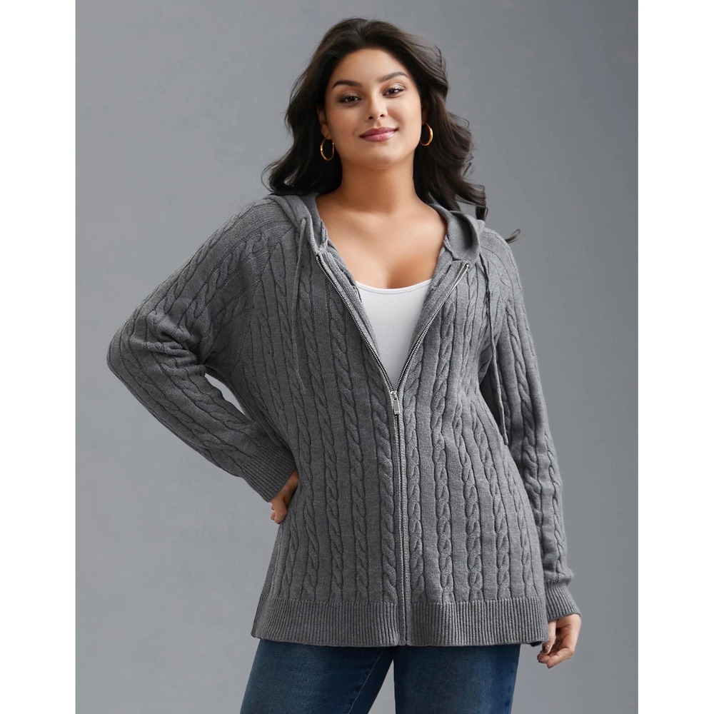 Bloomchic Grey Cable Knit Hooded Zipper Cardigan Sweater Plus Size 3X 22-24